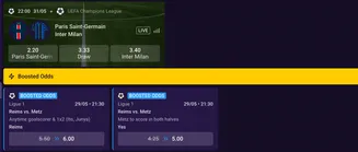 Bet on PSG vs Inter Milan and take advantage of boosted odds on Reims vs Metz at SpinBet SpinBet betting screen showing Paris Saint-Germain vs Inter Milan odds and boosted odds for Reims vs Metz